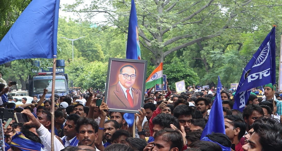 Bhim army supporters with B.R. Ambedkar's photo frame (Photo: Vipin/National Herald)