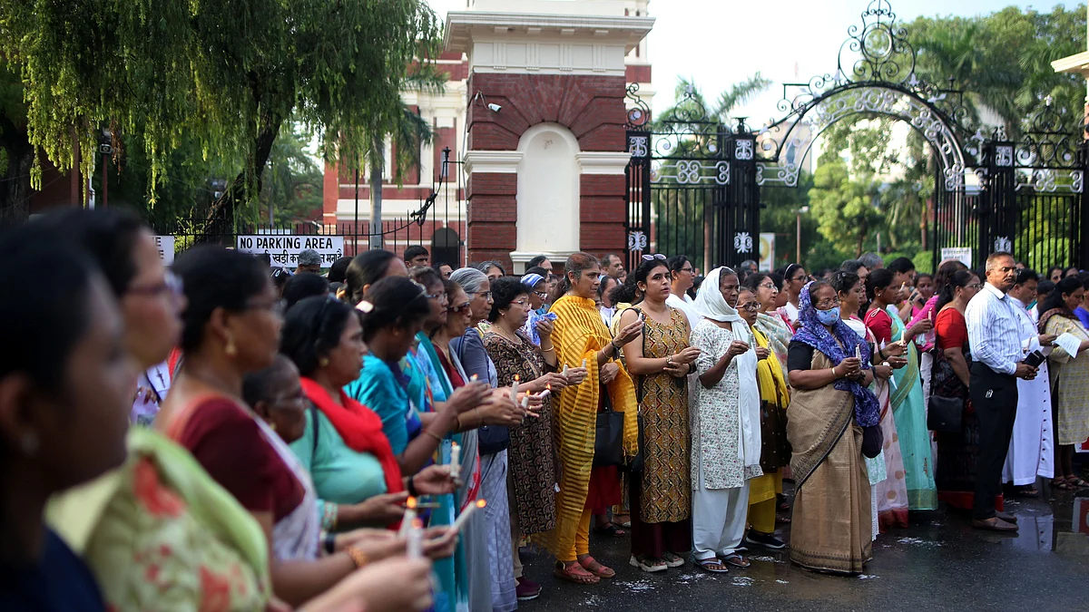 NEW DELHI, INDIA  JULY 23: Women gathered for prayer for the women of Manipur at Sacred Heart Cathedral Church, on July 22, 2023 in New Delhi, India. (Photo by Salman Ali/Hindustan Times via Getty Images)