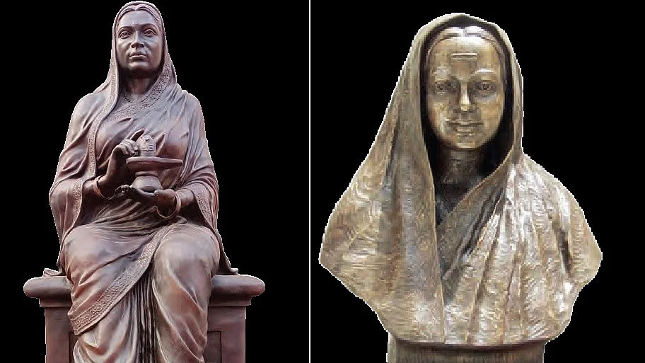 Busts of Ahilyabai Holkar (left) and Savitribai Phule