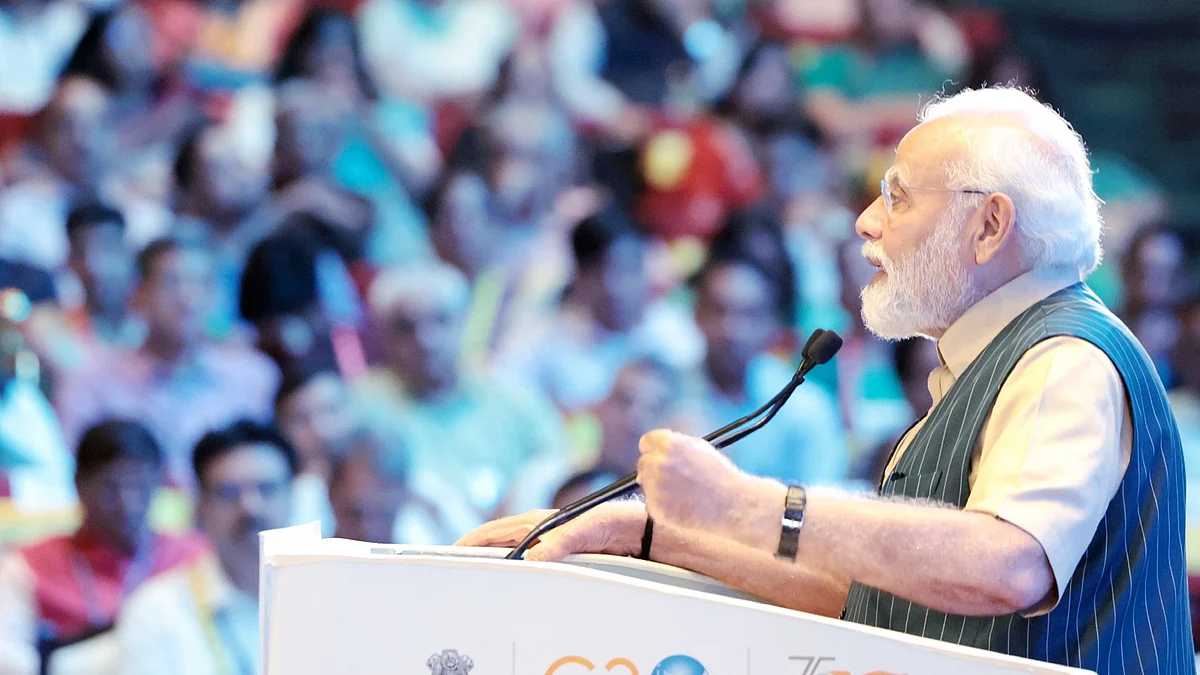 PM Modi addressing the Akhil Bhartiya Shiksha Samagam at Bharat Mandapam in New Delhi, 29 July 2023. (Photo: PIB)