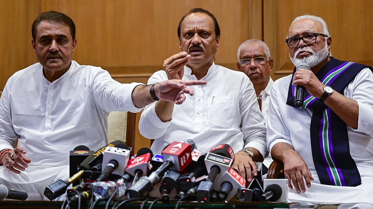 NCP Dy CM Ajit Pawar, NCP MP Praful Patel and NCP MLA and minister Chhagan Bhujbal  (Photo by Getty Images)