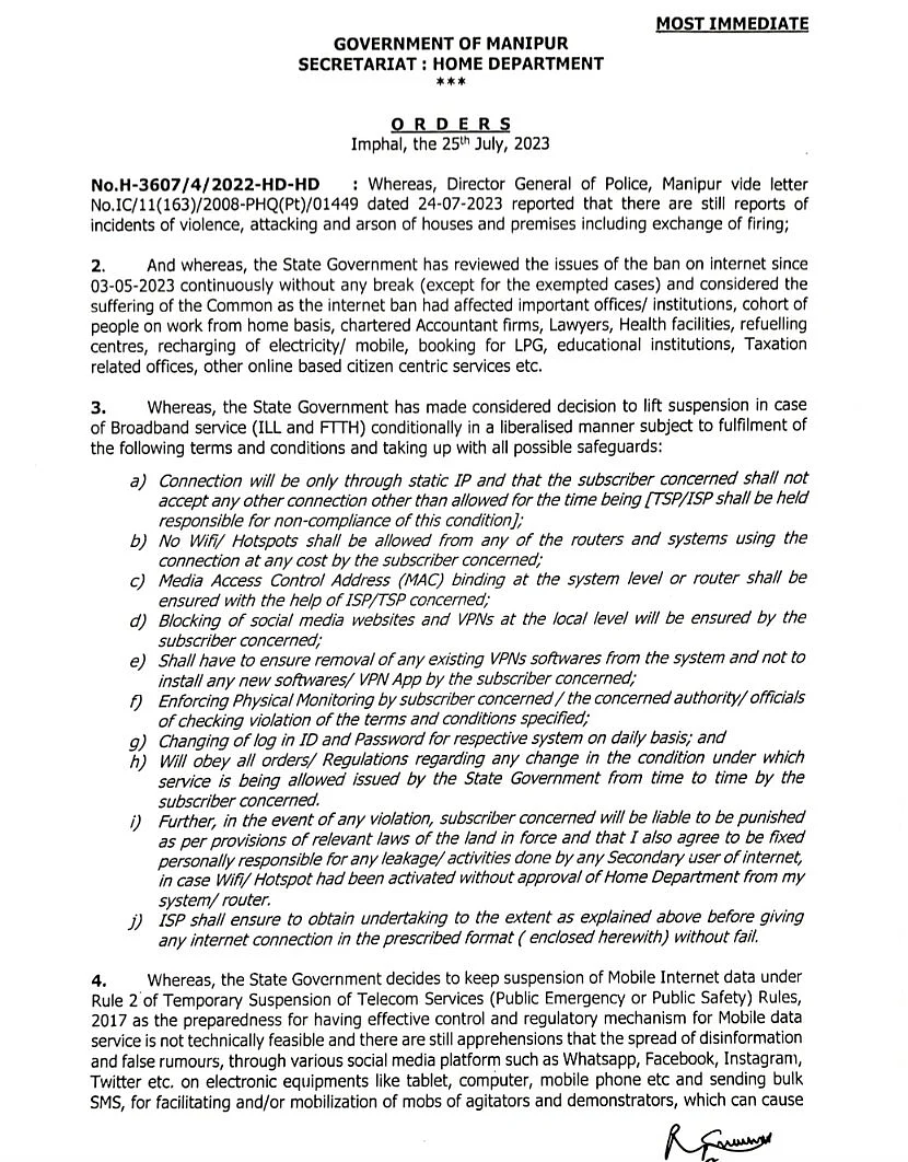 Restoration of Internet order in Manipur