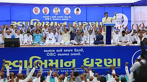 Congress legislative party leader Amit Chavda, addressing the protest in Gandhinagar (Photo courtesy: Gujarat Congress)