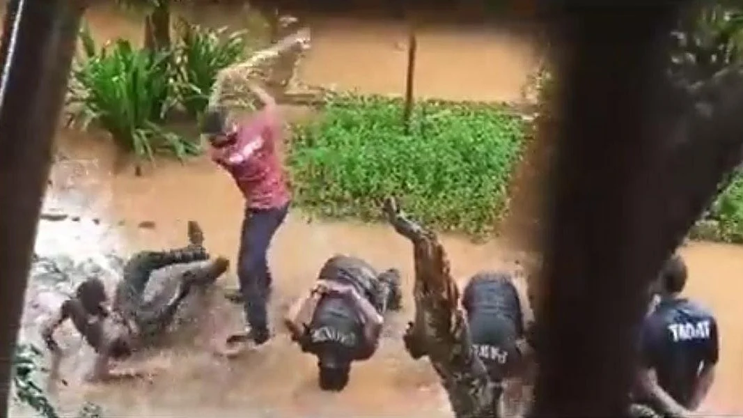A still from the video where a senior student is seen assaulting a group of students under NCC training went viral (Photo courtesy: Twitter)