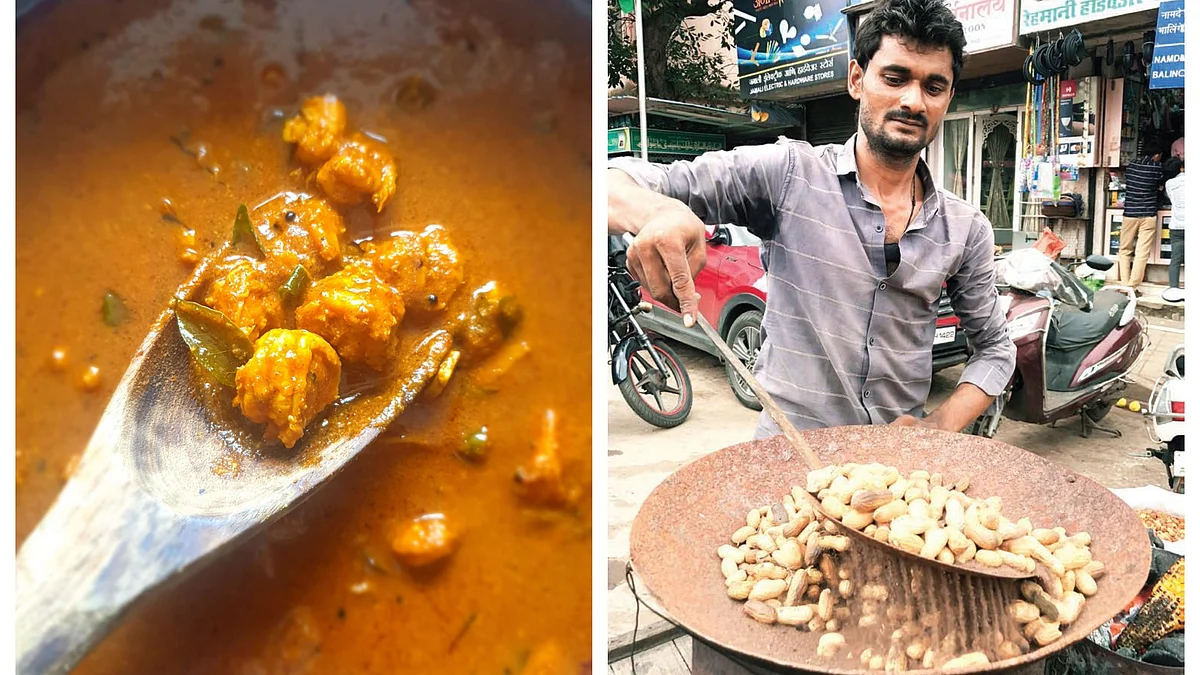 (Left) Prawn curry from the previous day being thickened to make the Goan kalchya kod and (right) peanuts being roasted in sand.