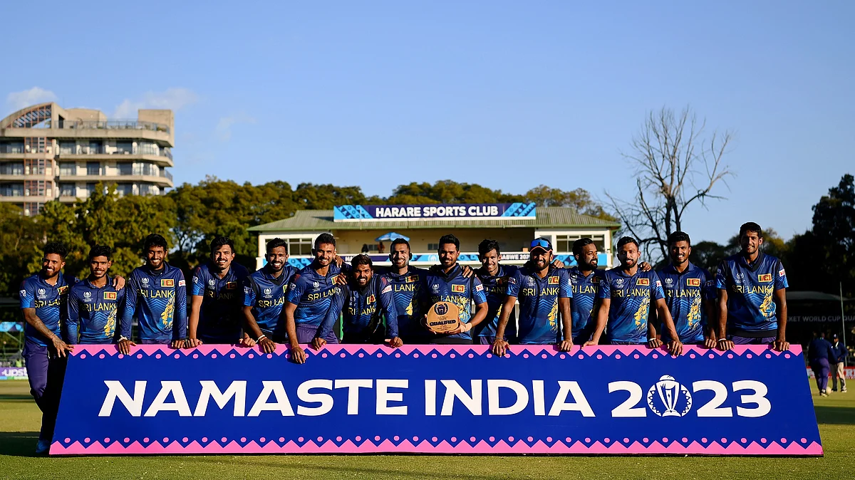 Team Sri Lanka celebrates after qualifiying for the ICC Men’s World Cup in India, after its Super 6 match against the West Indies at Harare Sports Club, Zimbabwe, on 7 July 2023 (photo: Alex Davidson-ICC/ICC via Getty Images)