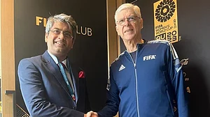 AIFF president Kalyan Chaubey with Arsene Wenger in Sydney (photo courtesy All India Football Federation)
