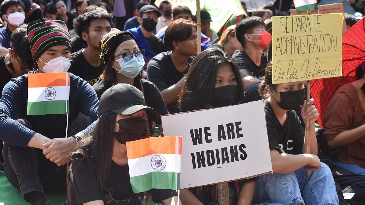 Manipuri Kuki-Zo women staging a demonstration at Jantar Mantar (Photo: Getty Images)