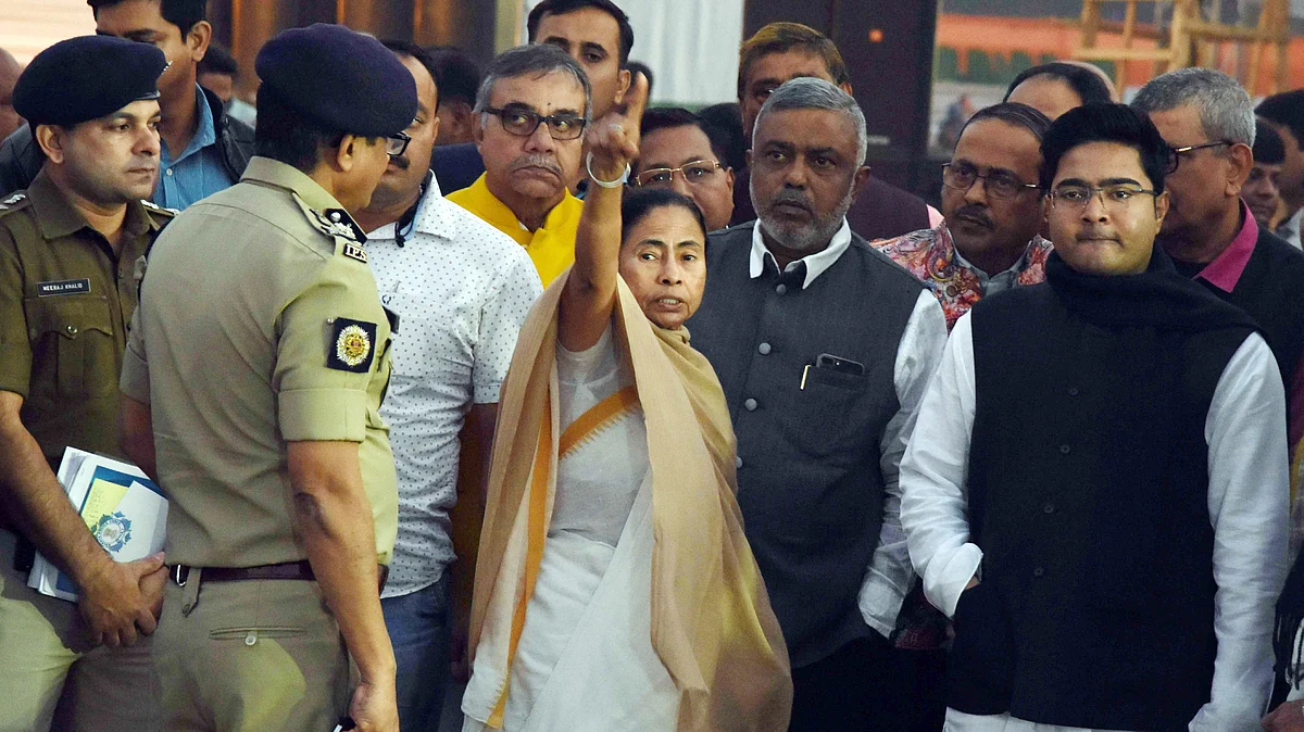 AITMC Chief and Chief Minister of Bengal Mamata Banerjee along his Nephew Abhishak Banerjee MP  and Rajiv Kumar Police Commissioner of Kolkata Police (Photo by Debajyoti Chakraborty/NurPhoto via Getty Images)