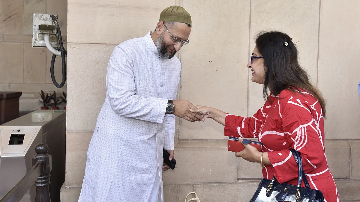 NEW DELHI, INDIA - MAY 28: TMC MP Satabdi Roy seen with AIMIM  MP Asad Uddin Owasi, at Parliament House, on May 28, 2019 in New Delhi, India. (Photo by Sanjeev Verma/Hindustan Times via Getty Images)