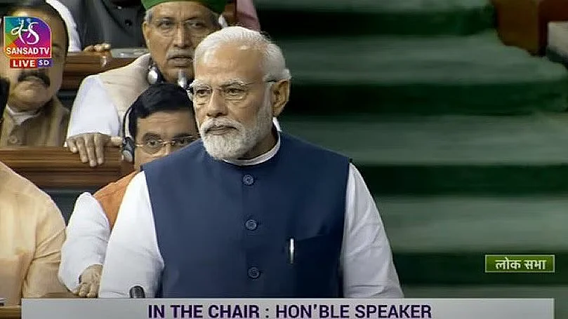 PM Narendra Modi speaking at the Lok Sabha on Thursday, August 10. (photo courtesy: NewsArenaIndia/Twitter)