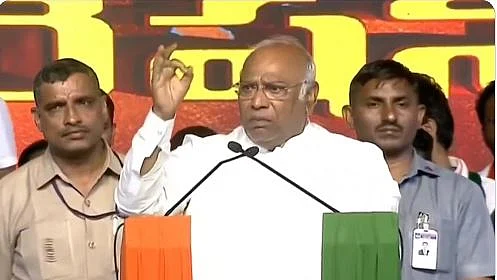 Congress president Mallikarjun Kharge addresses a public meeting near Hyderabad on Saturday (Photo courtesy: AICC)