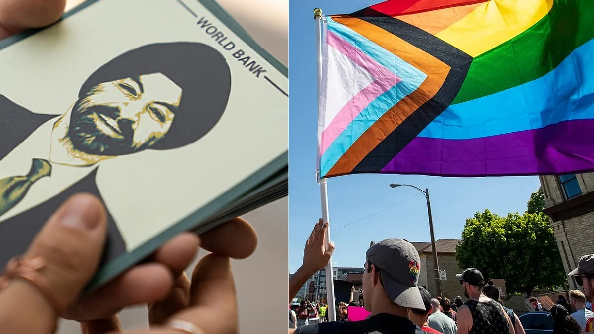 World Bank president Ajay Banga on a flyer; a Pride flag (photos: Getty Images)