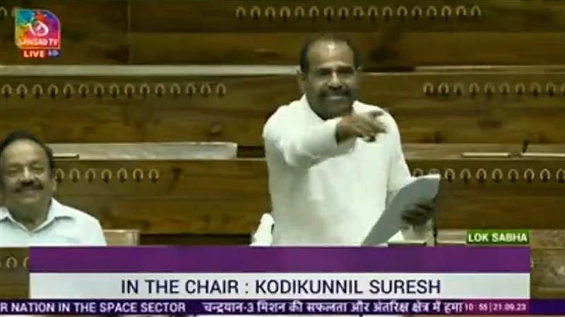 BJP MP Ramesh Bidhuri during his diatribe against BSP MP Danish Ali in the Lok Sabha (photo: Sansad TV)