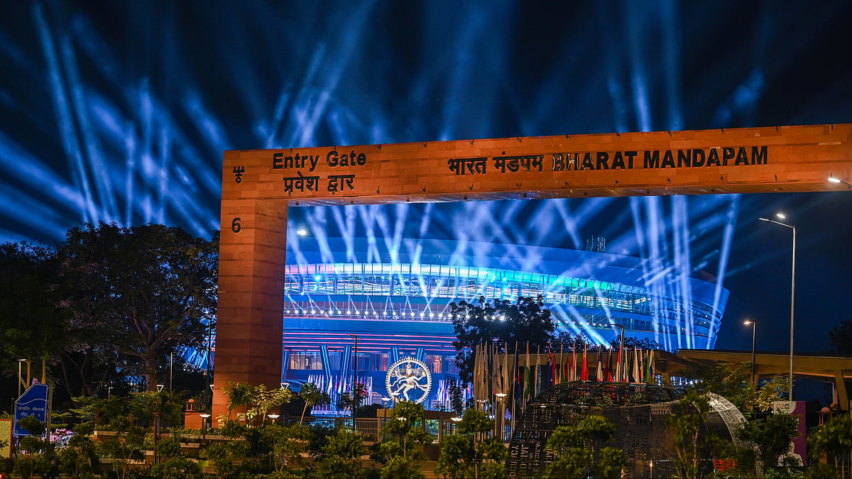 An Illuminated view of the Bharat Mandapam at Pragati Maidan, which host the G20 Summit  in New Delhi, India, on 9–10 September  (photo: Raj K Raj/Hindustan Times via Getty Images)