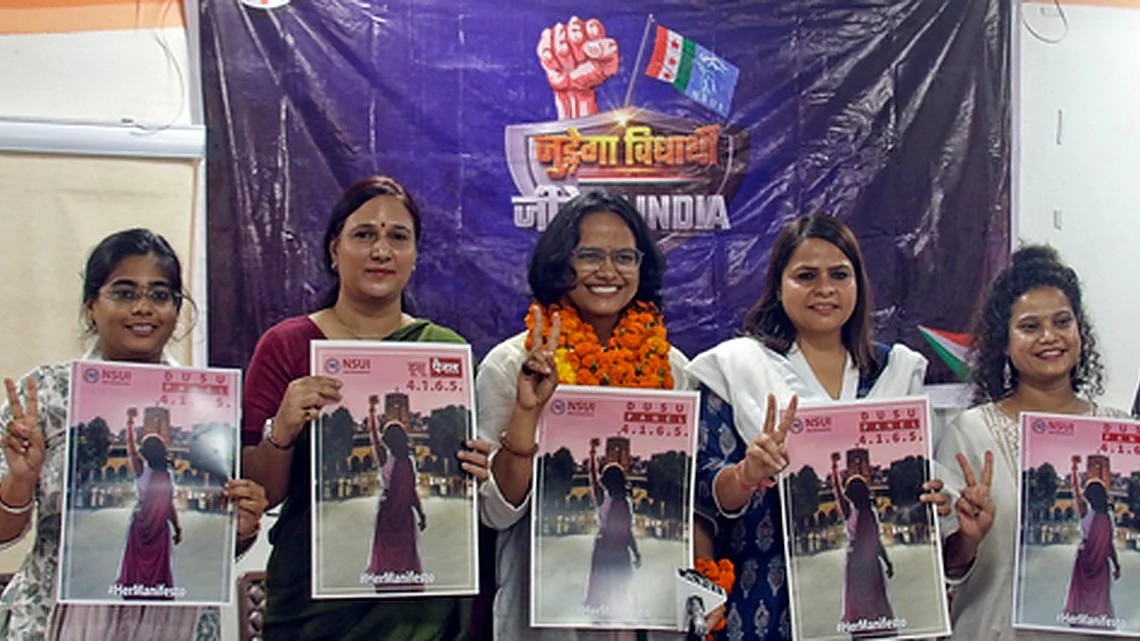 Dhawan, former President Neetu Verma, NSUI Secretary candidate Yakshna Sharma on Monday held a press conference (Photo: IANS)