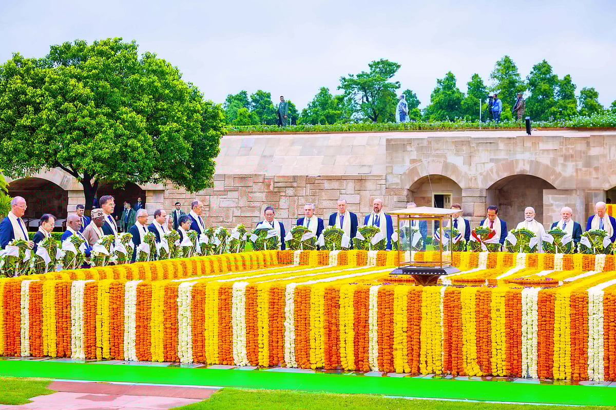 World leaders gather together in Rajghat, to remember Mahatma Gandhi, the venerable global icon of non-violent protest at a Wreath Laying Ceremony, at the Mahatma Gandhi Cremation Spot, New Delhi, India [Photo: @TheTope_Ajayi/X (formerly twitter)]