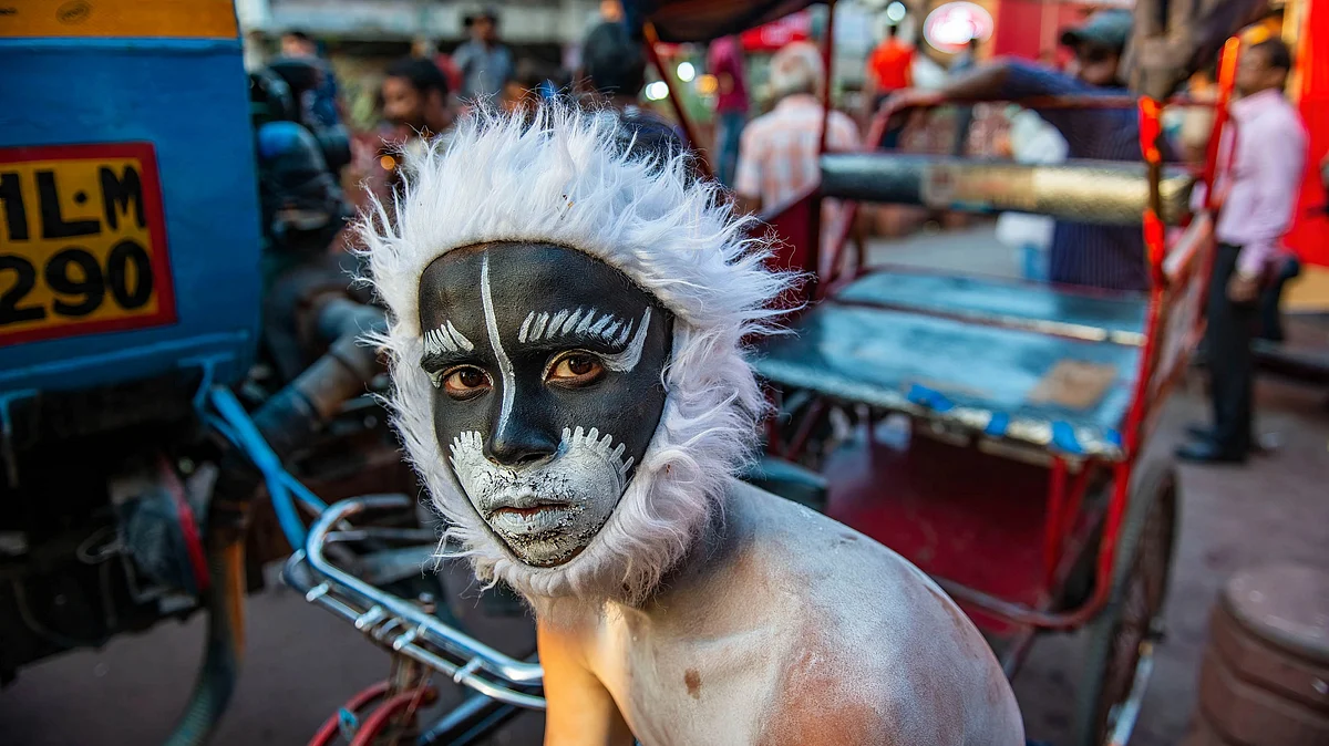 Representative image of youth dressed as langur. 'Being' Hanuman on Ramayan-related days is common in north, but its use by right-wing Hindutva groups gives it a menacing aspect of late (photo: Pradeep Gaur/SOPA Images/LightRocket via Getty Images)