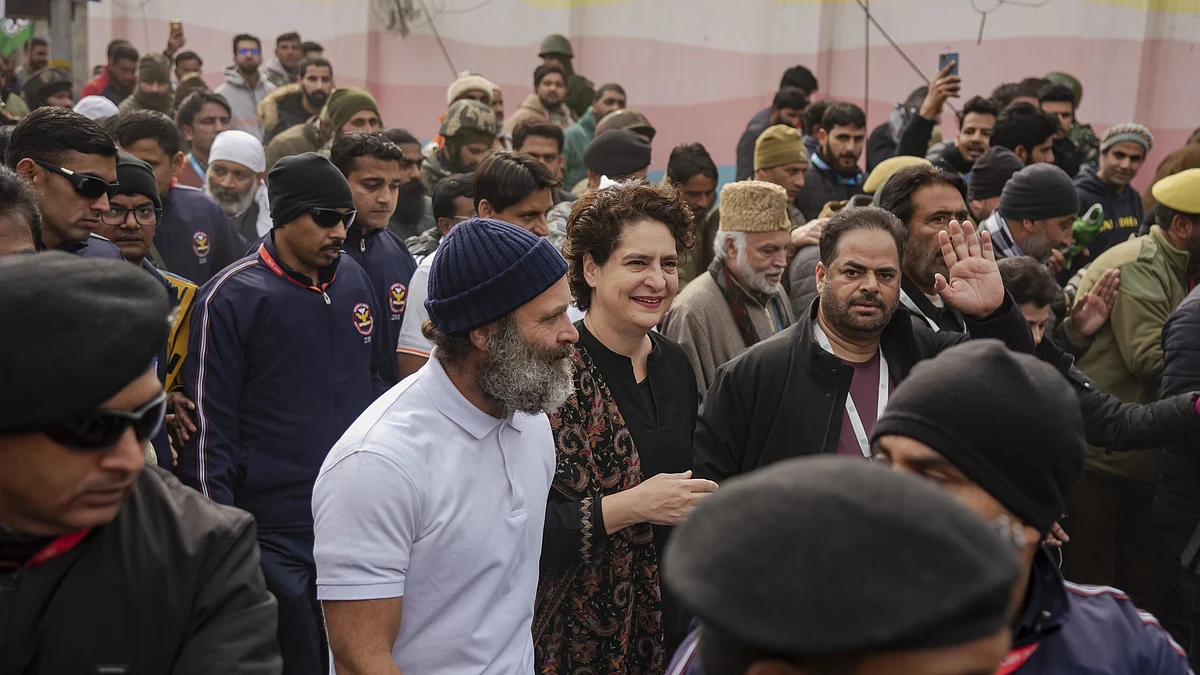 Rahul Gandhi and sister Priyanka Gandhi in Kashmir in January of this year, in the closing stages of the first Bharat Jodo Yatra (photo: Getty Images)