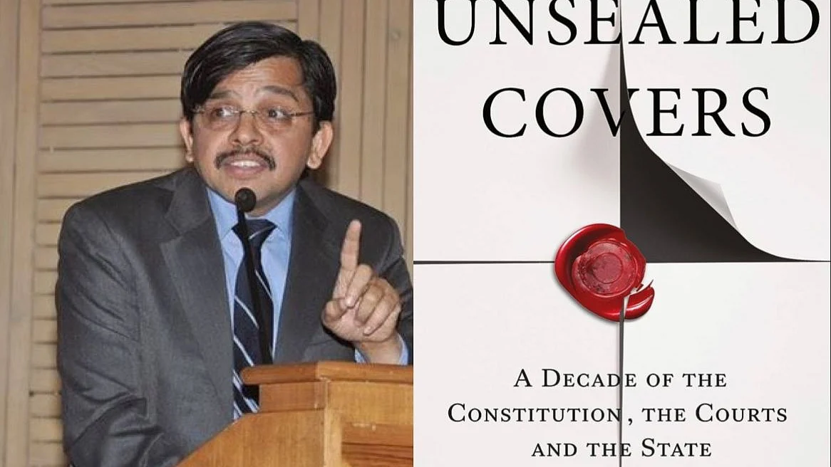 Justice S Muralidhar and the cover of Gautam Bhatia’s new book ‘Unsealed Covers: A Decade of the Constitution, the Courts, and the State’ (photo: National Herald archives)