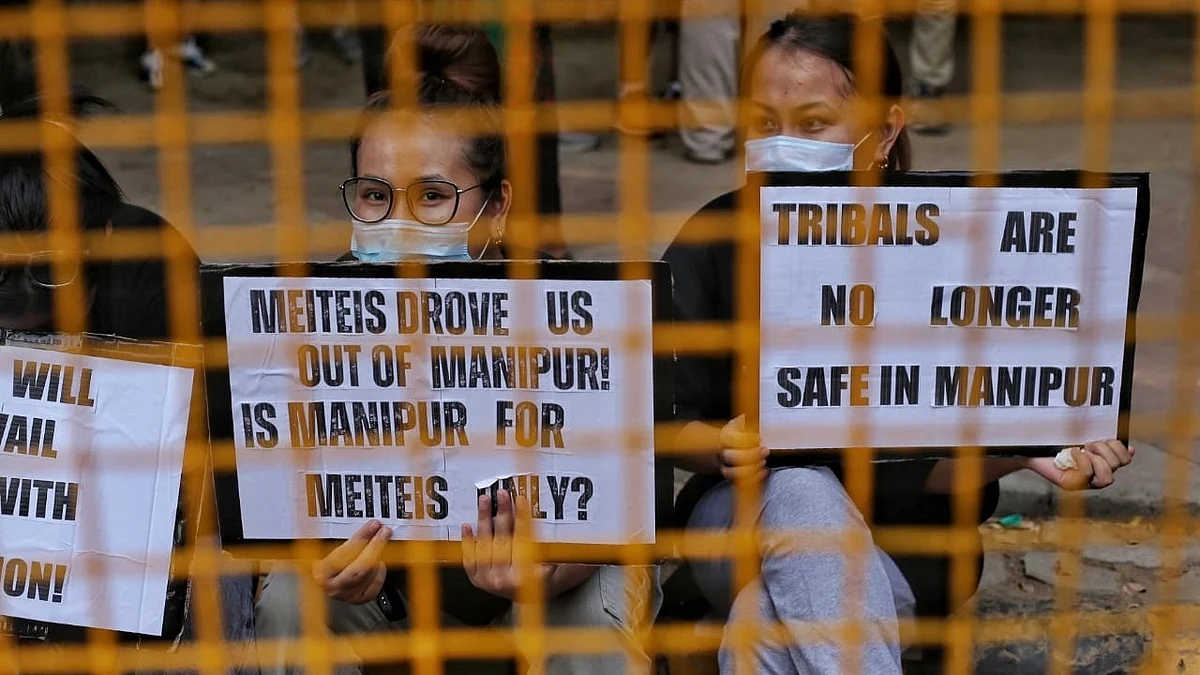 The Joint Delhi Tribal Students Forum protest against 140 days of injustice in Manipur at Jantar Mantar in New Delhi on Thursday (photo: Vipin/ National Herald)