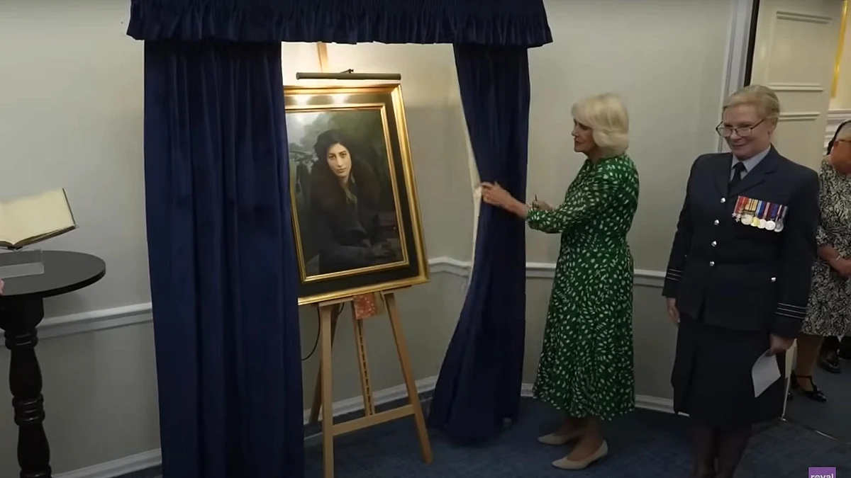 Queen Camilla reveals painting of Indian-origin WWII spy Noor Inayat Khan at the Royal Air Force Club, London (photo courtesy The Royal Family Channel/YouTube)