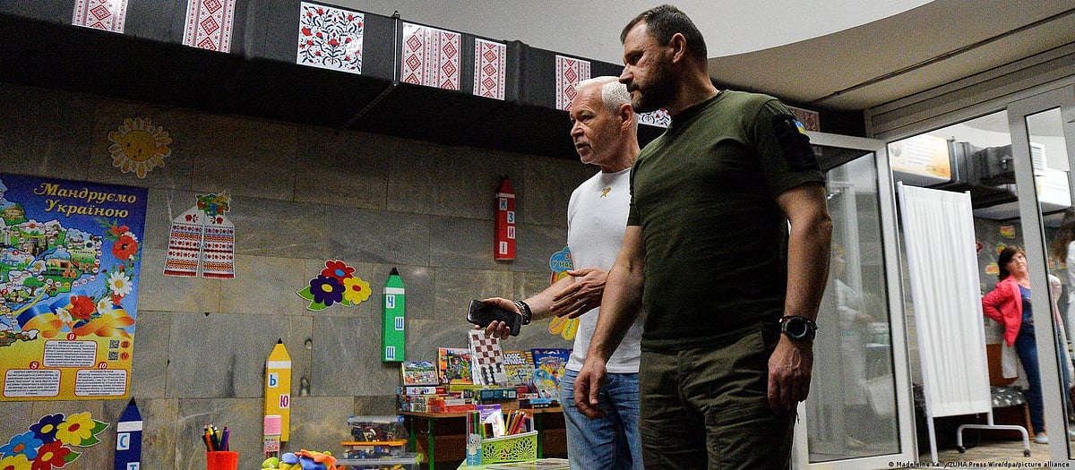 A visit from the mayor: Igor Terekhov, mayor of Kharkiv, stops by one of the underground classrooms in a subway station. A total of 60 such classrooms have been created, allowing some 1,000 children to go back to school and resume in-person lessons. 