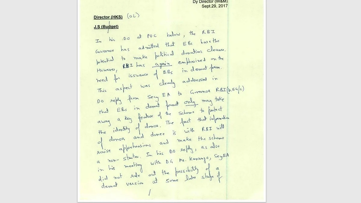 A handwritten note from then-secretary (economic affairs) Subhash Chandra Garg, dated 29 Sept 2017, expresses annoyance at the RBI repeatedly raising concerns about the electoral bond scheme