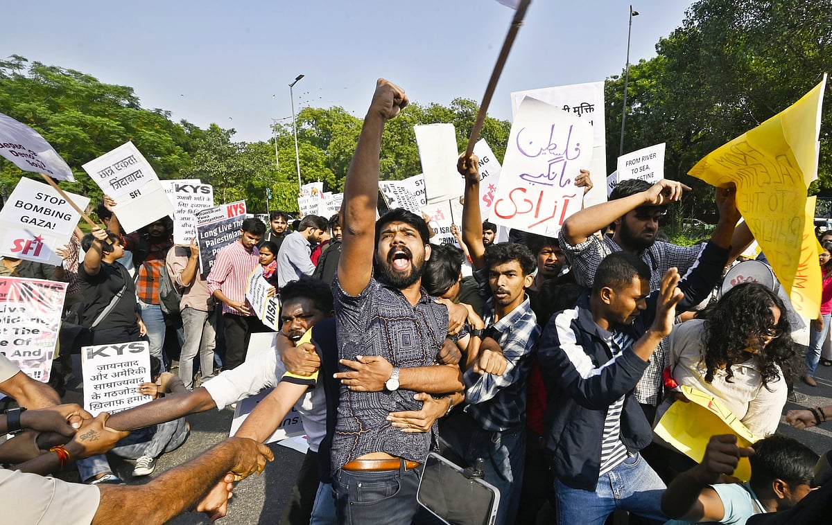Various student unions at a demonstration in solidarity with Palestinians, near the Embassy of Israel in New Delhi (photo: Getty Images)