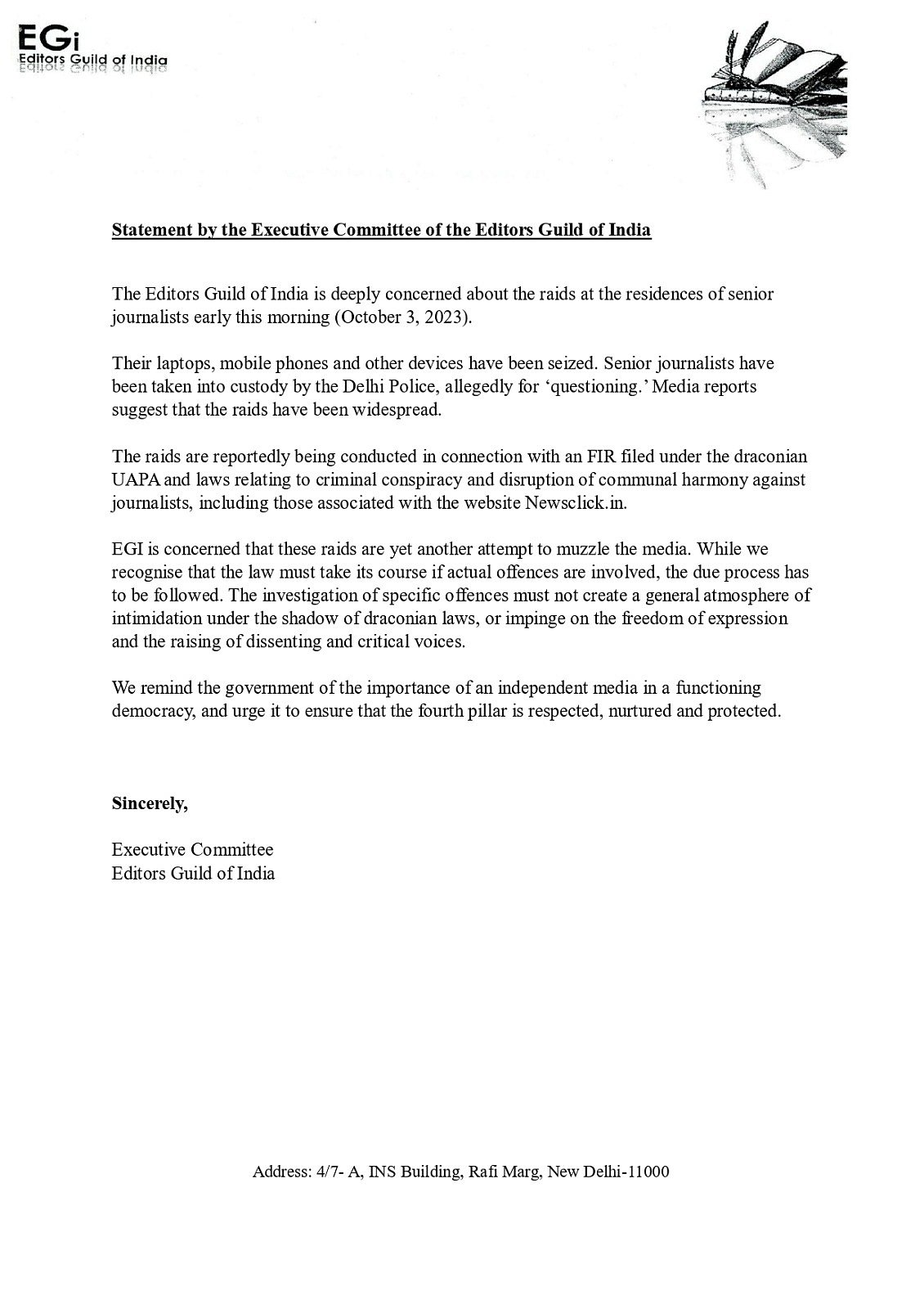 Statement by the executive committee of the Editors Guild of India