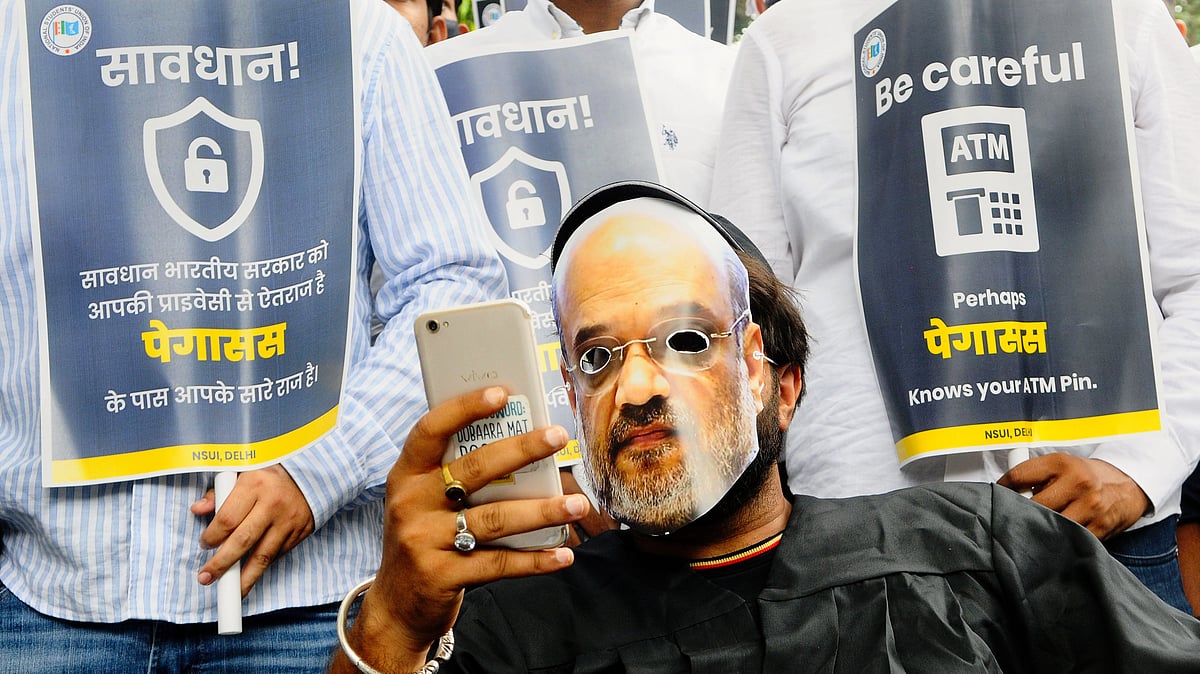 File photo of a National Students Union of India protest against alleged phone tapping of journalists and politicians as part of the Pegasus snooping row in New Delhi in 2021 (photo: Getty Images)