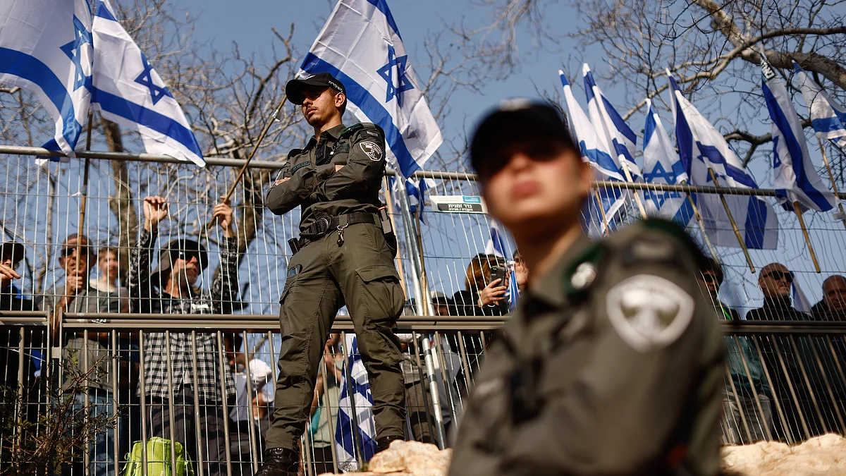 Garment unit in Kerala that supplies Israeli police uniforms pauses new orders, urging an end to hostilities in Gaza. (representative image of Israeli police officials) (Photo: Kobi Wolf/Bloomberg via Getty Images)