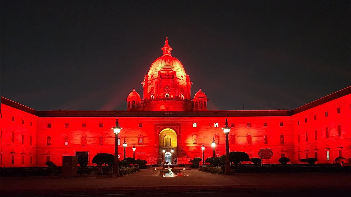 "Go Red" campaign illuminates India's historic landmarks including Rashtrapati Bhawan in support of dyslexia awareness, combating stigma. (photo: @ChangeInkk/X)