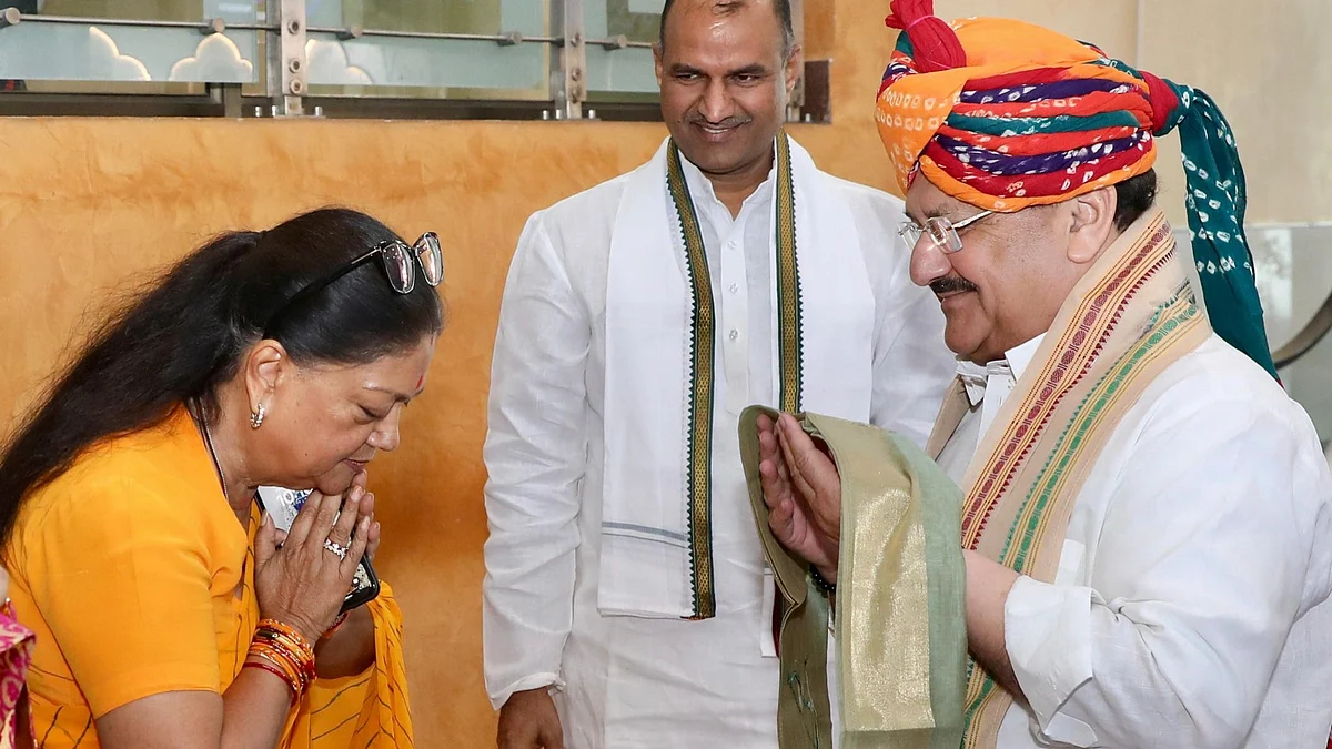 Former Rajasthan chief minister Vasundhara Raje (left) being greeted by BJP leader JP Nadda (photo: @VasundharaBJP/X)