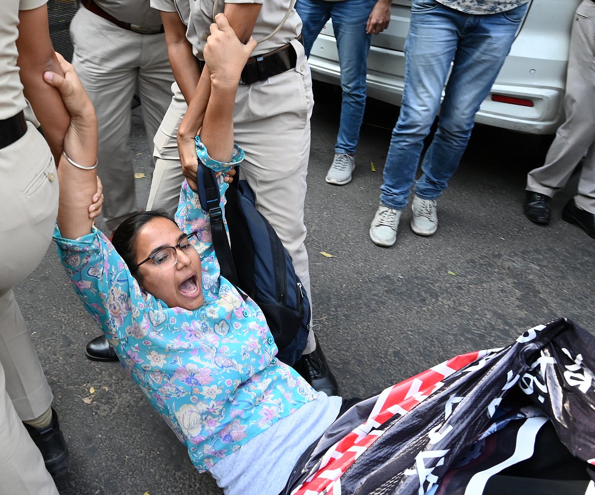 Left-leaning student organisations protest against Israel at Jantar Mantar on 13 October in New Delhi (photo:  Getty Images)