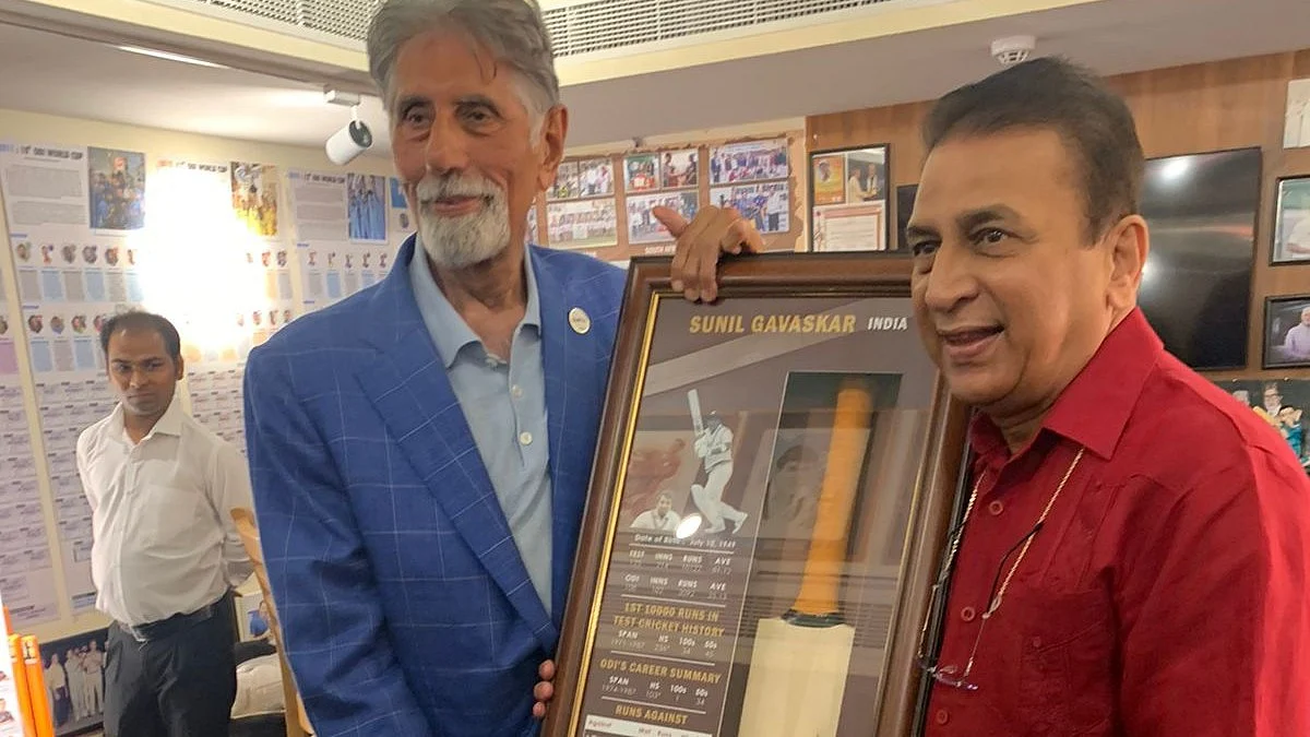 Shyam Bhatia (left) celebrates the 50th anniversary of Sunil Gavaskar's Test debut in his cricket museum in Dubai (photo: Shyam Bhatia)