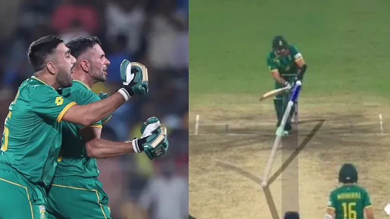 The DRS demon: (right) Tabraiz Shamsi gets struck on the pads in the match against Pakistan before taking a DRS call; (left) Shamsi & Keshav Maharaj celebrate after the winning hit (photos: screengrab from Disney+ Hotstar)