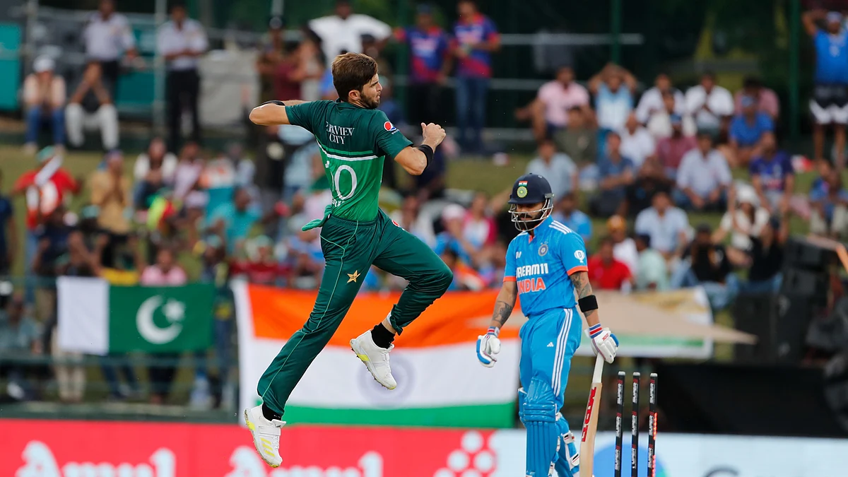 Bowler Shaheen Afridi of Pakistan celebrates the wicket of Virat Kohli during a recent Asia Cup match between India and Pakistan in Kandy, Sri Lanka (photo: Getty Images)