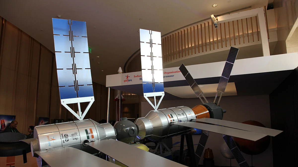 ISRO's scaled model of its proposed space station, showing two habitable capsules. ISRO aims to launch the first Indian astronauts into space as part of the Gaganyaan programme (photo: Getty Images)