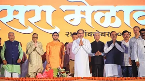 "BJP got a full majority in Parliament but the people of the country have not benefited," said Uddhav Thackeray (centre) at the Shiv Sena Dussehra rally in Chhatrapati Shivaji Maharaj Park, Mumbai, Maharashtra (photo: @ShivSenaUBT_/X)