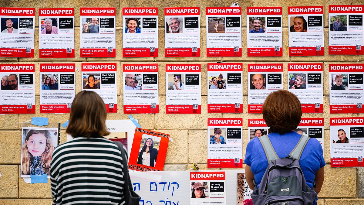 Photographs on display in Tel Aviv of some of the Israelis allegedly taken hostage by Hamas (photo: Getty Images)