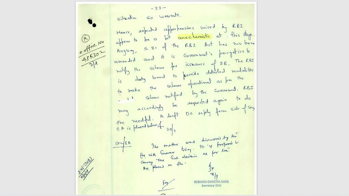In a handwritten note, Subhash Chandra Garg expressed annoyance at RBI's "anachronistic" concerns