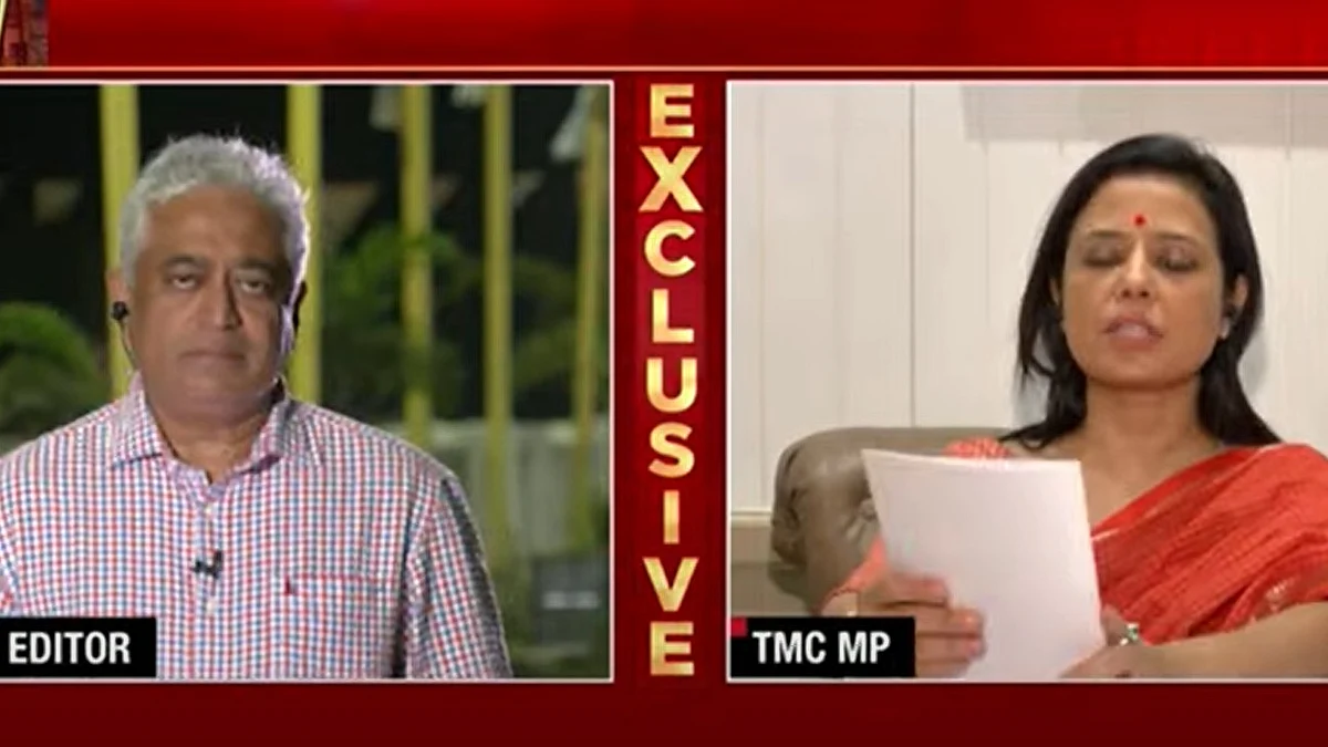In her first TV interview in 2 weeks, Mahua Moitra (right) defended her actions regarding the Adani Group, refuted allegations of taking money and criticised the Ethics Committee (photo: screen grab from IndiaToday/YouTube)