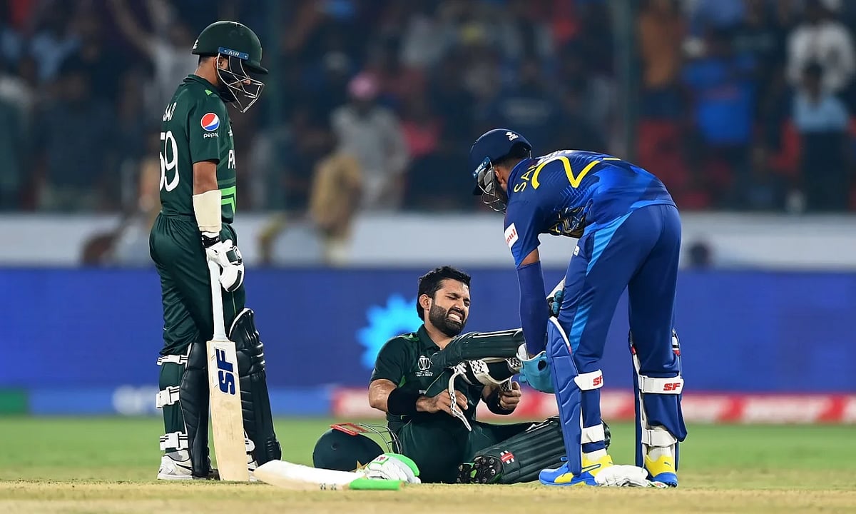 Mohammed Rizwan felled by cramps during his innings of 134 not out vs Sri Lanka. (Getty Images)
