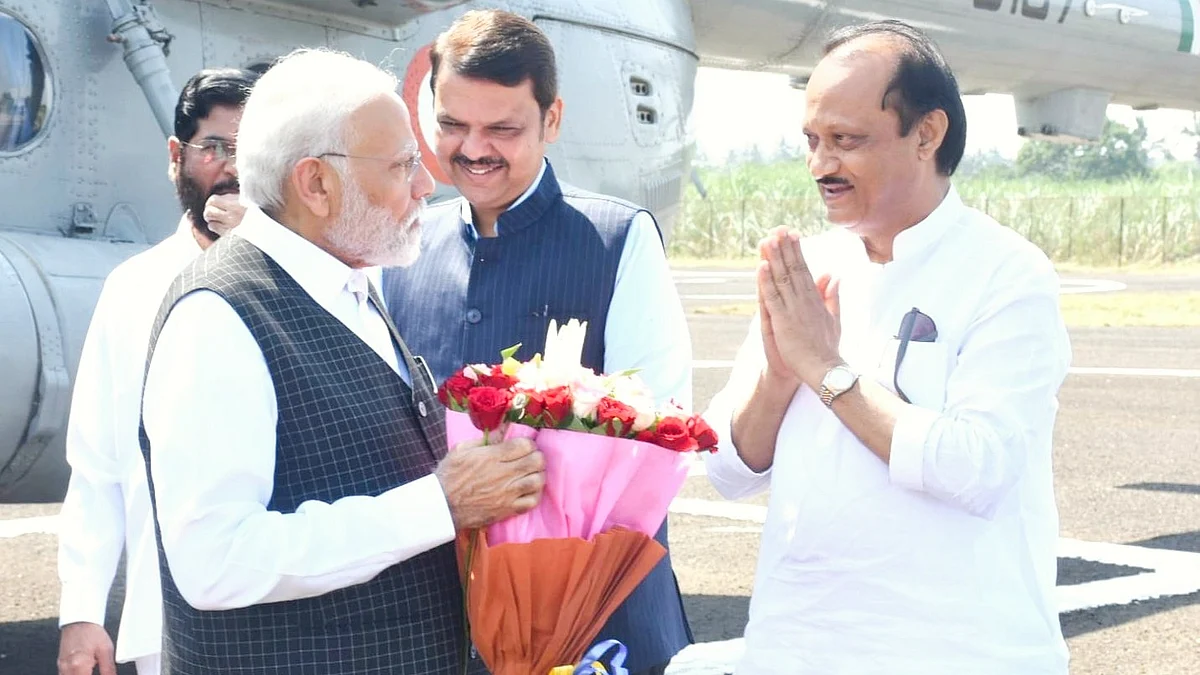 In limbo? Ajit Pawar with Devendra Fadnavis (left) and Prime Minister Narendra Modi (photo: @AjitPawarSpeaks/ X)