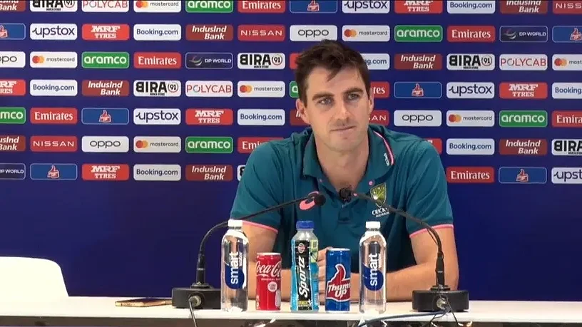 Australia captain Pat Cummins speaking at a press conference a day ahead of the Australia-South Africa semi-final at Eden Gardens on Thursday 16 November (photo: ICC)