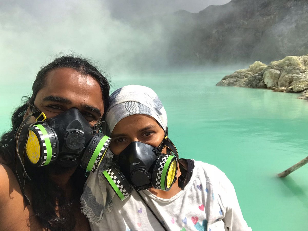 Author with her hiking partner, just after being pulled out of the ambit of the acid lake atop Mt Ijen (photo courtesy Timira)