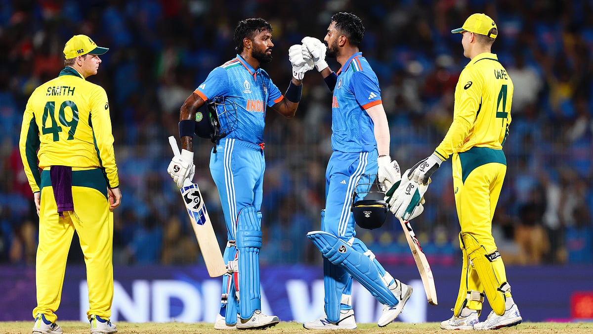 KL Rahul and Hardik Pandya celebrate India's win against Australia in Chennai in their World Cup match on 8 October (photo: Getty Images)