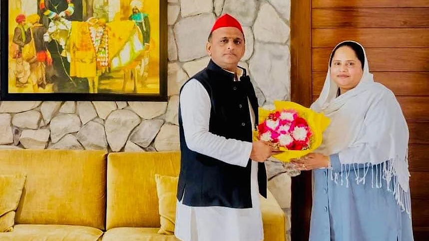 Hindu organisations sprinkled water from the Ganga, recited the Hanuman Chalisa, and shouted slogans against the Muslim MLA Saiyada Khatoon's (pictured right) visit to the Samya Mata temple in Uttar Pradesh, police said. (photo: @saiyada_khatoon/X)