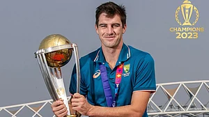 Australia skipper Pat Cummins with the World Cup trophy on the banks of the Sabarmati River on Monday (photo: @ICC/X)